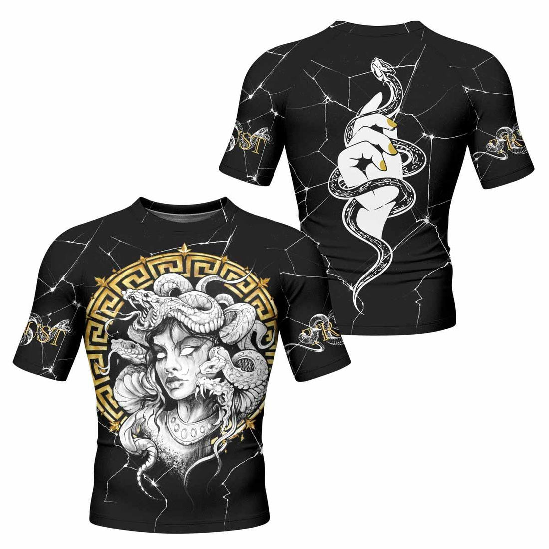Medusa Snake Men's Rash Guard Short Sleeve - front and back view