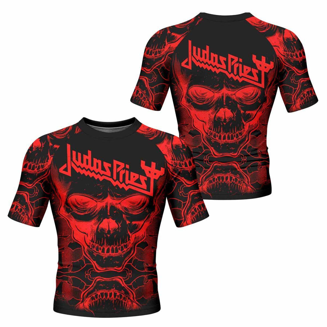 Judas Priest Skull Men's Rash Guard Short Sleeve - front and back view