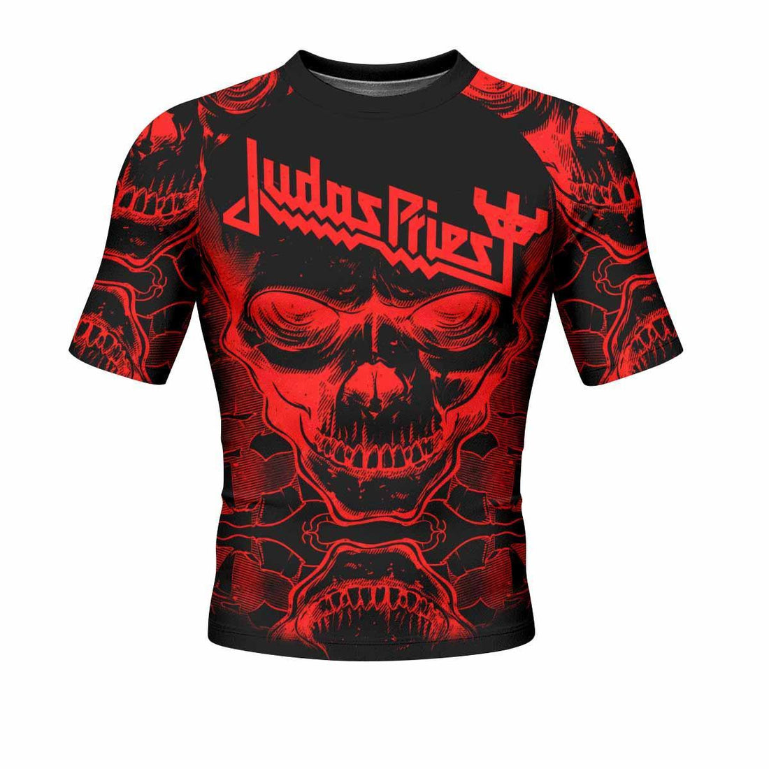 Judas Priest Skull Men's Rash Guard Short Sleeve - front and back view
