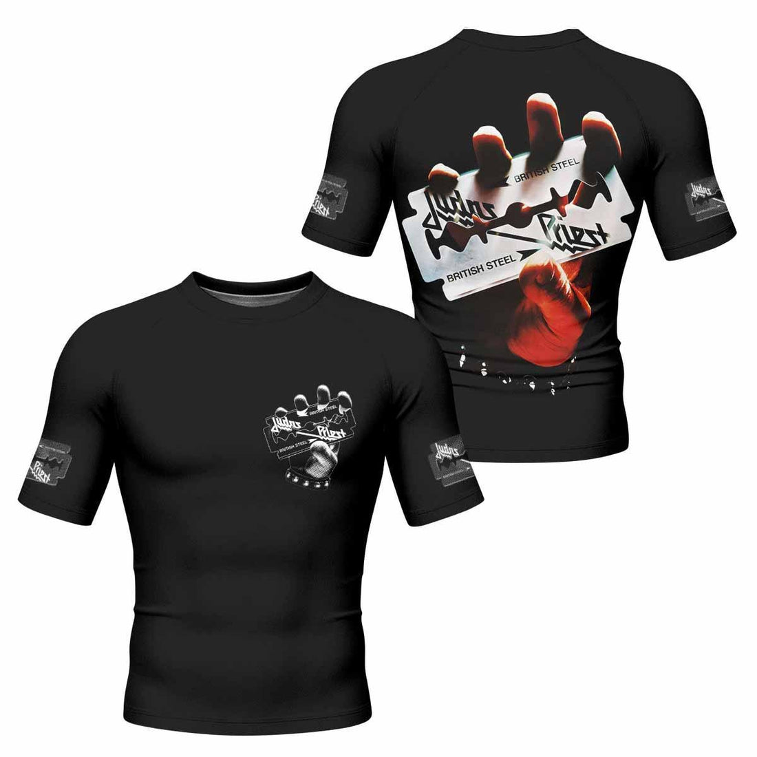Judas Priest British Steel Men's Rash Guard Short Sleeve - front and back view