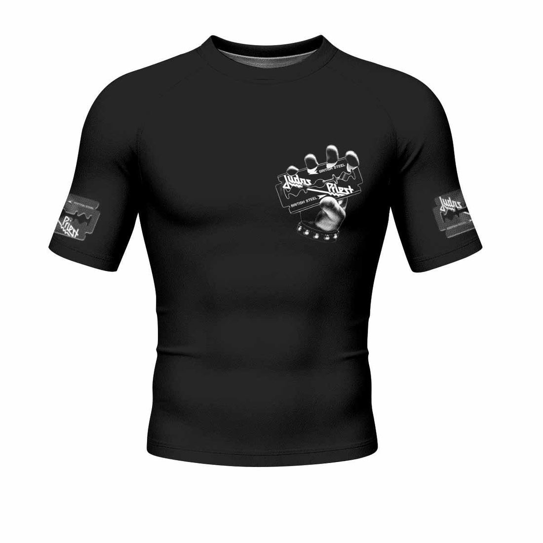 Judas Priest British Steel Men's Rash Guard Short Sleeve - front and back view