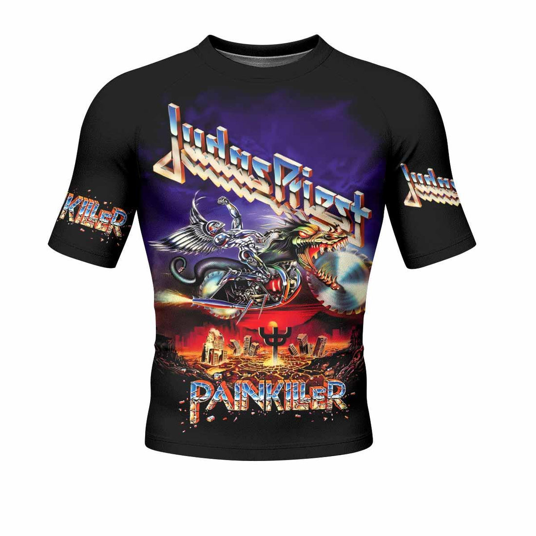 Judas Priest Painkiller Men's Rash Guard Short Sleeve - front and back view