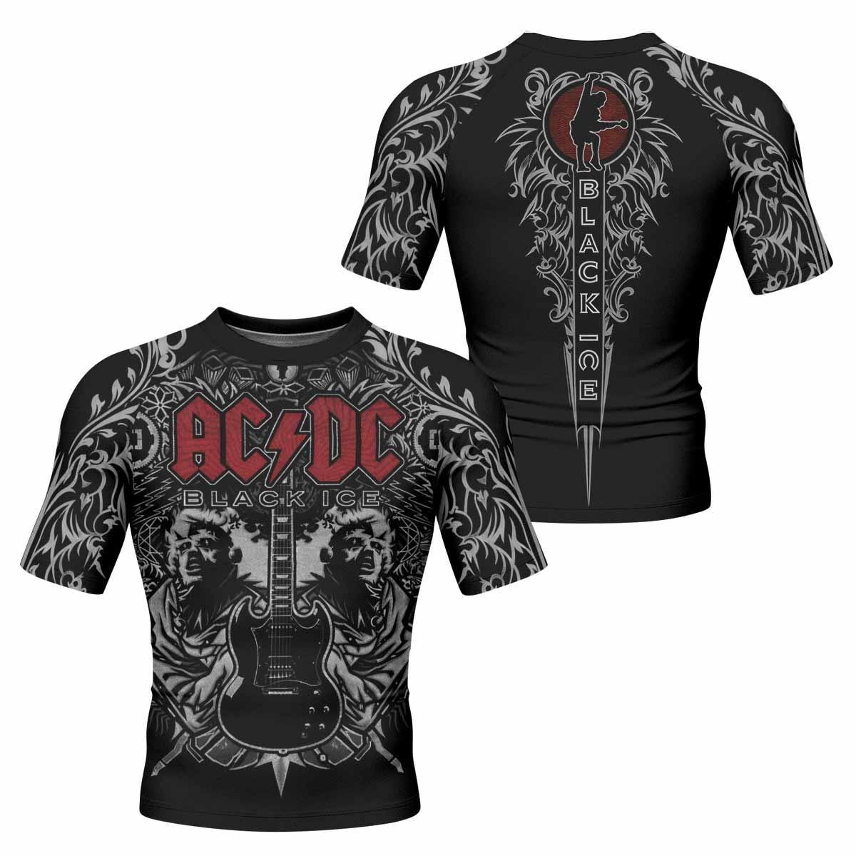 AC/DC Black Ice Men's Rash Guard Short Sleeve - front and back view