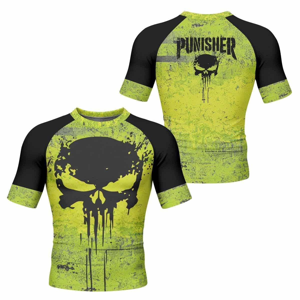 The Punisher Skull Men's Rash Guard Short Sleeve - front and back view