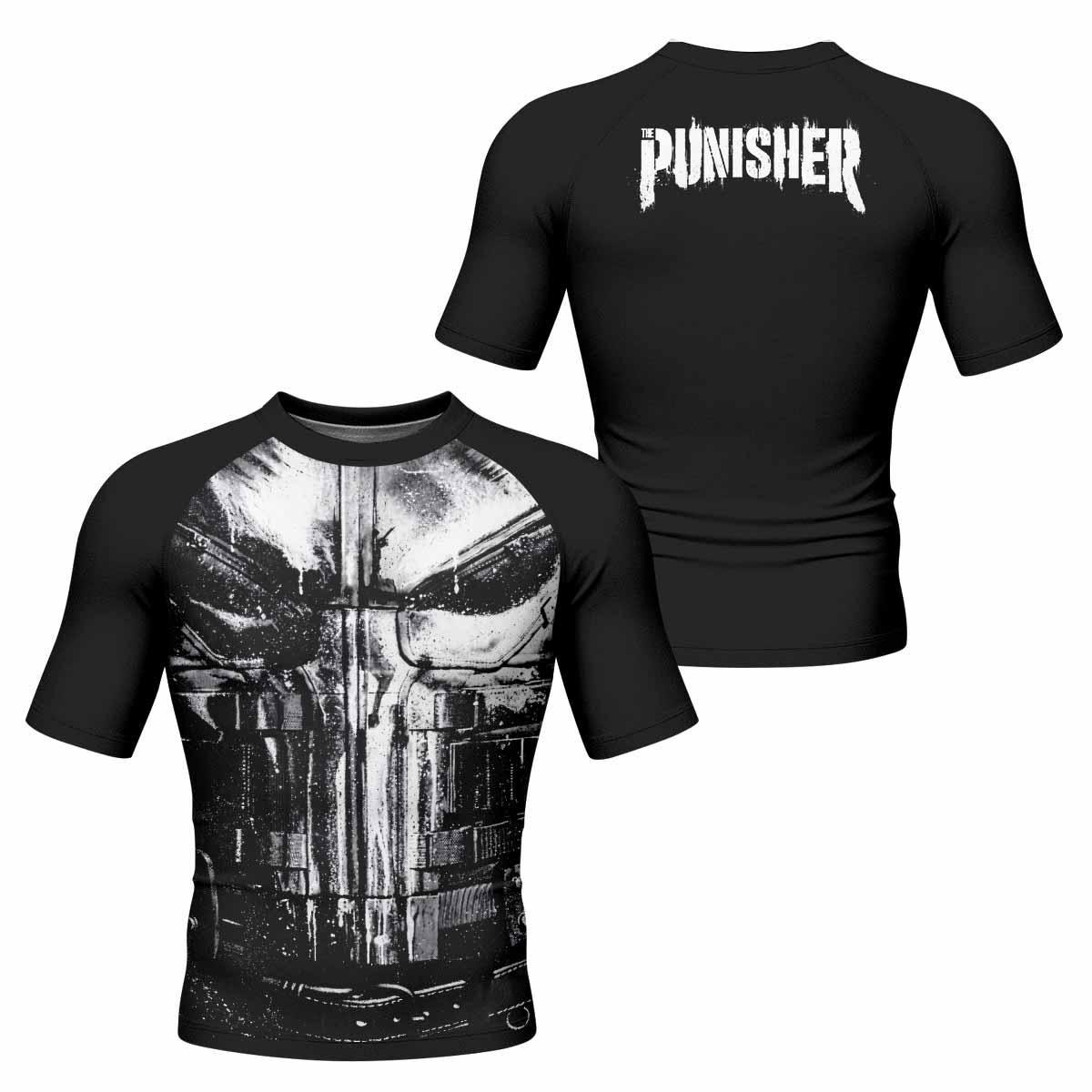 The Punisher War Mask Men's Rash Guard Short Sleeve - front and back view