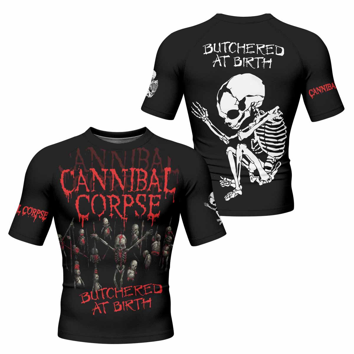Cannibal Corpse Butchered at Birth Men's Rash Guard Short Sleeve - front and back view