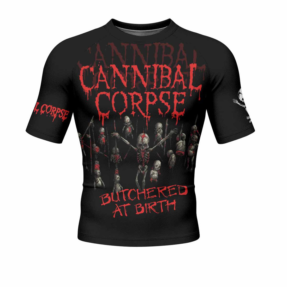 Cannibal Corpse Butchered at Birth Men's Rash Guard Short Sleeve - front and back view