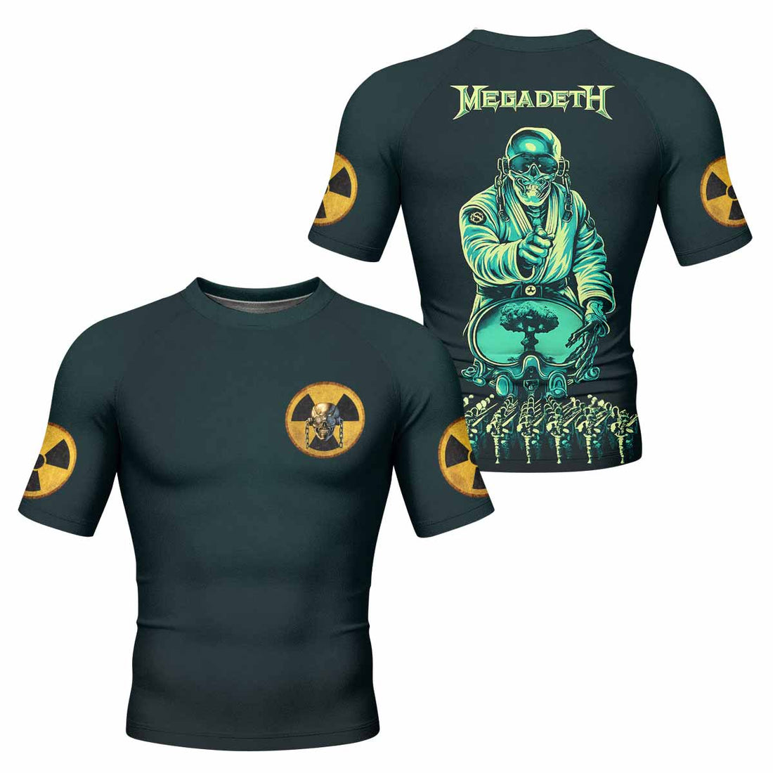 Megadeth Nuclear Skull Men's Rash Guard Short Sleeve - front and back view