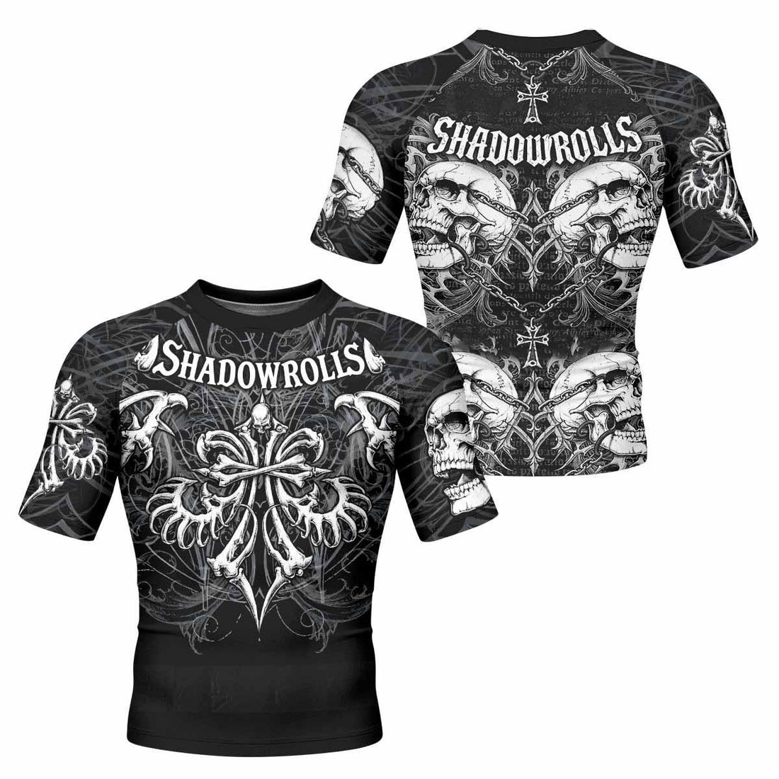 Shadowrolls Skull Cross Men's Rash Guard Short Sleeve - front and back view