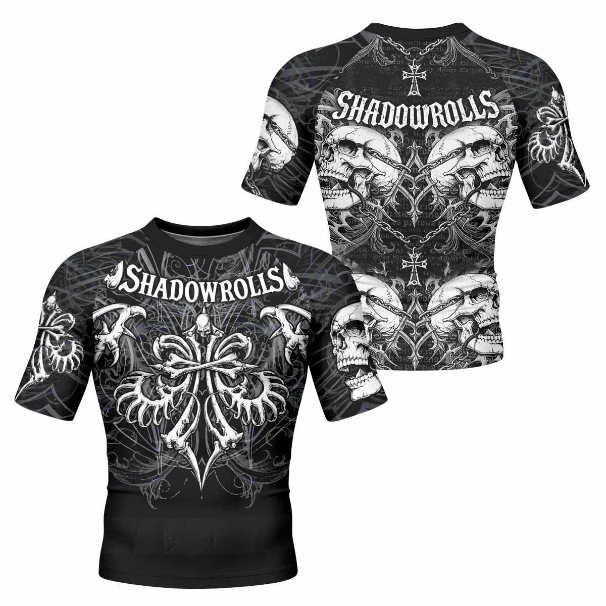 Shadowrolls Skull Cross Men's Rash Guard Short Sleeve - front and back view