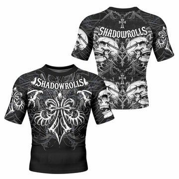 Shadowrolls Skull Cross Men's Rash Guard Short Sleeve - front and back view