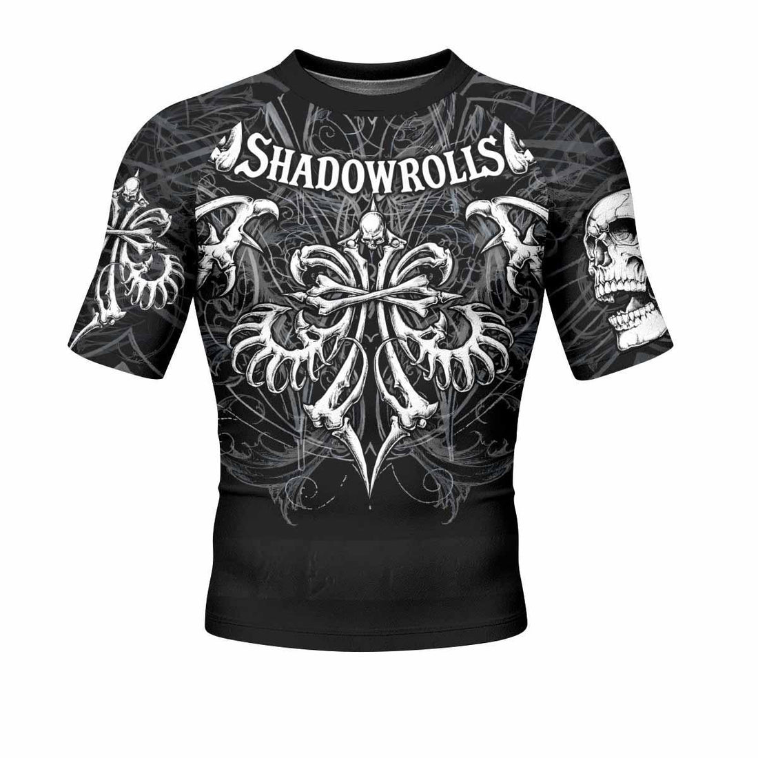 Shadowrolls Skull Cross Men's Rash Guard Short Sleeve - front and back view