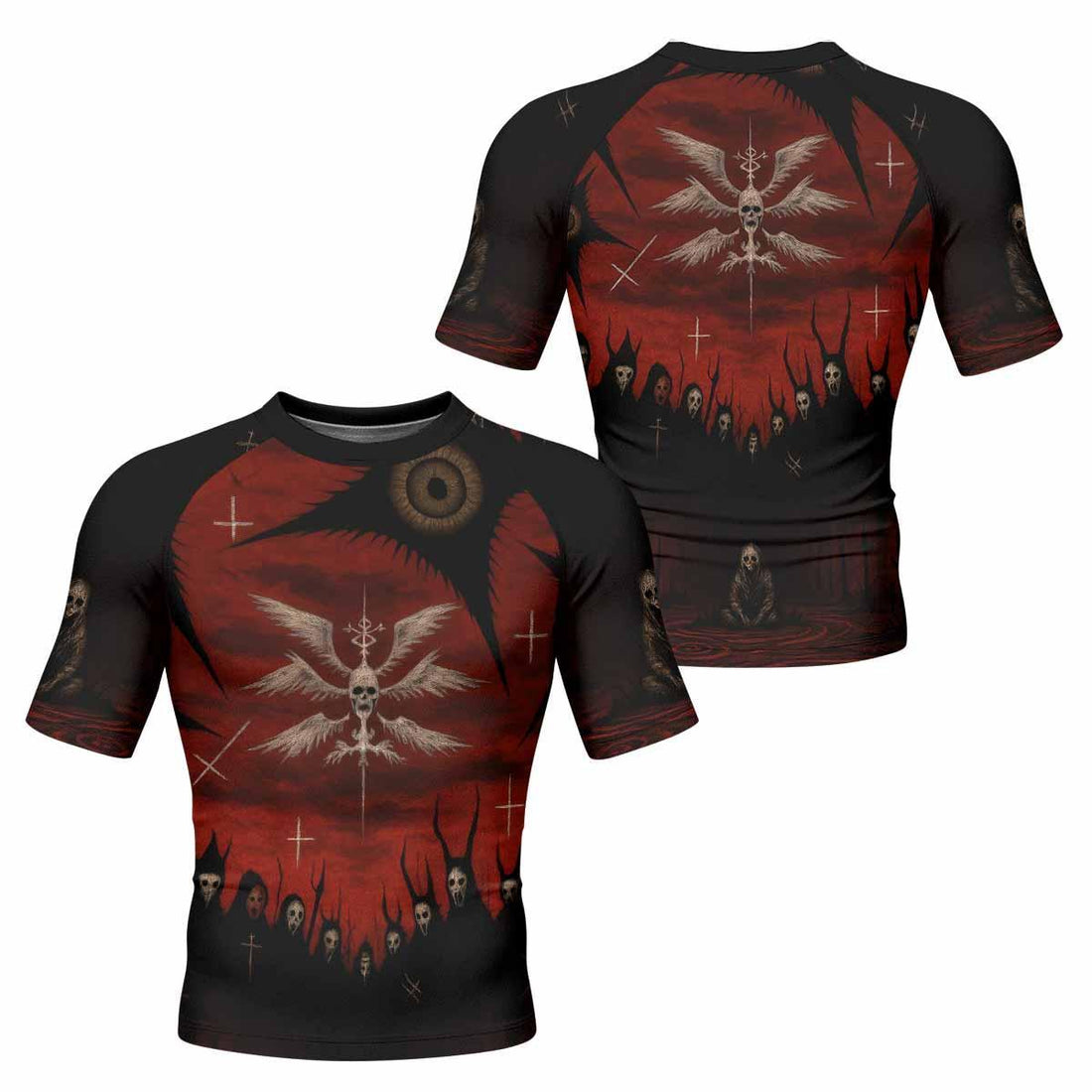 Occult Fallen Seraph Ritual Men's Rash Guard Short Sleeve - front and back view