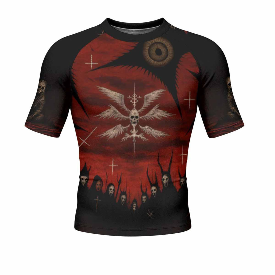 Occult Fallen Seraph Ritual Men's Rash Guard Short Sleeve - front and back view