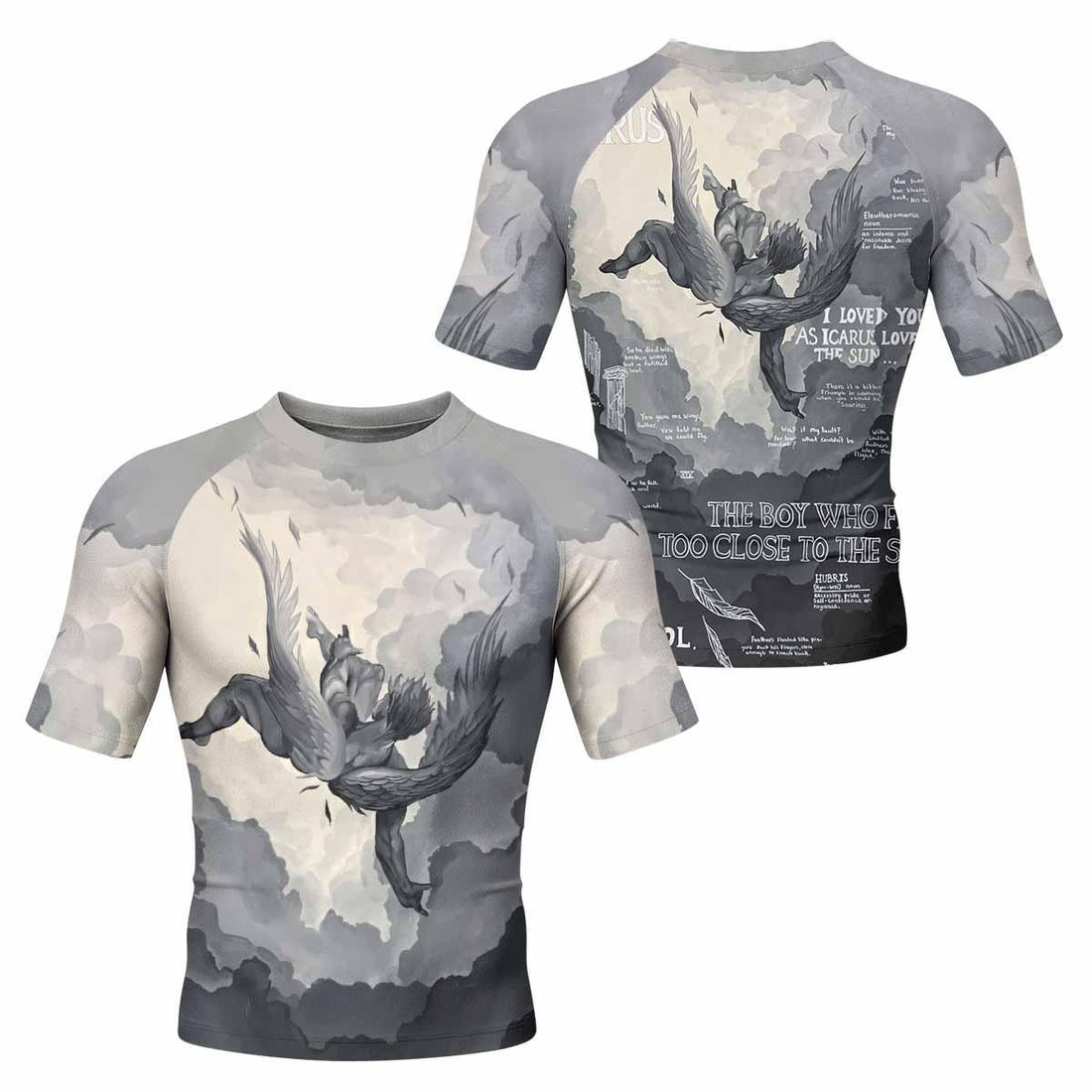 Icarus Too Close To The Sun Men's Rash Guard Short Sleeve - front and back view