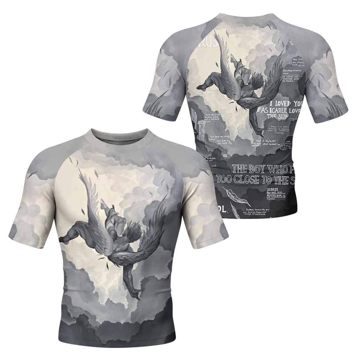 Icarus Too Close To The Sun Men's Rash Guard Short Sleeve - front and back view
