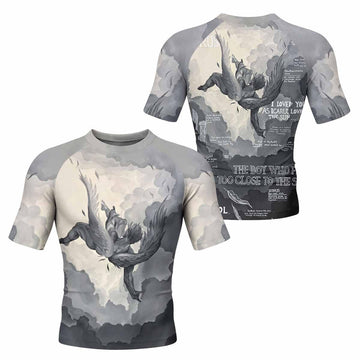 Icarus Too Close To The Sun Men's Rash Guard Short Sleeve - front and back view