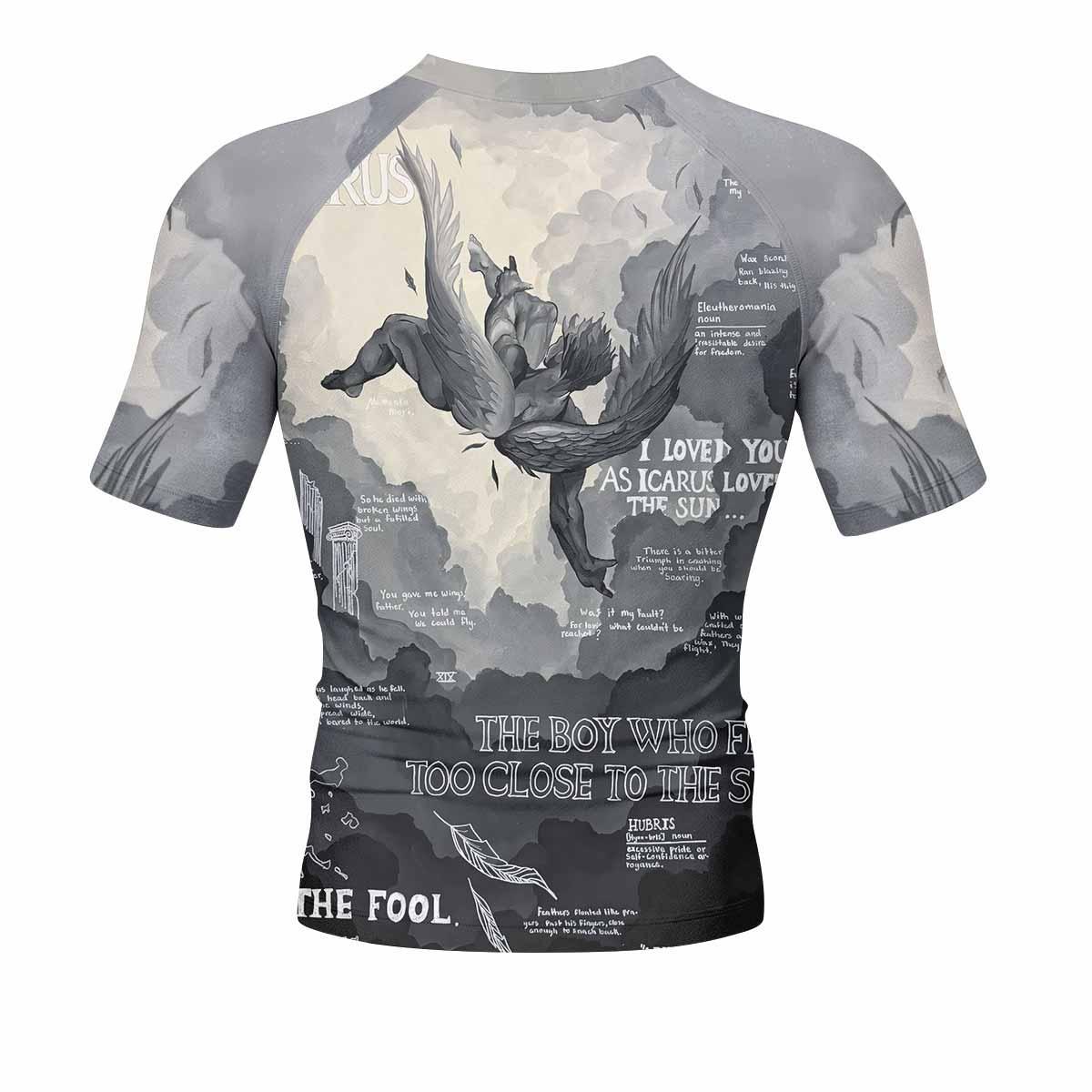 Icarus Too Close To The Sun Men's Rash Guard Short Sleeve - back view mockup