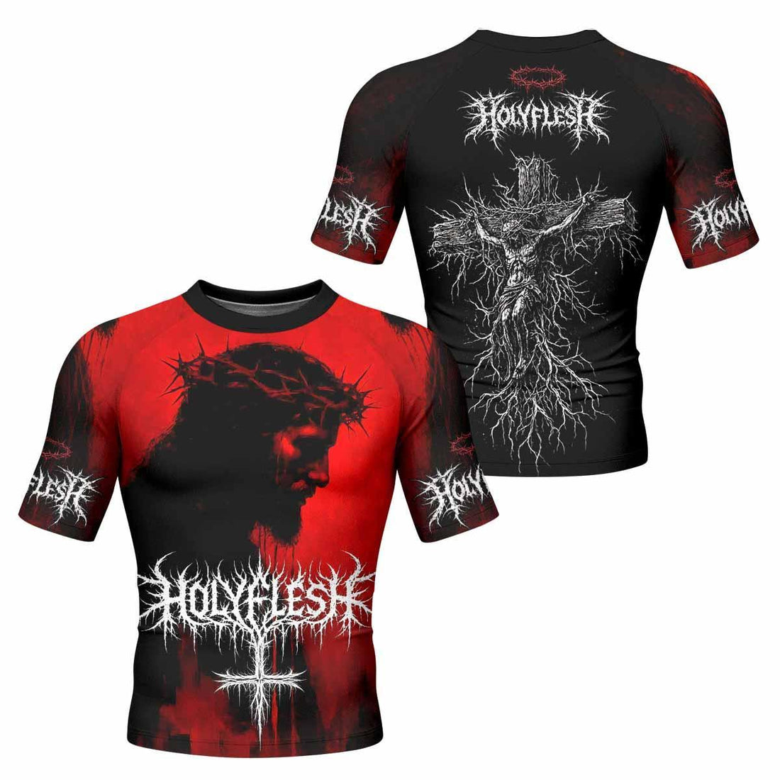 Holy Flesh Crown of Thorns Men's Rash Guard Short Sleeve - front and back view