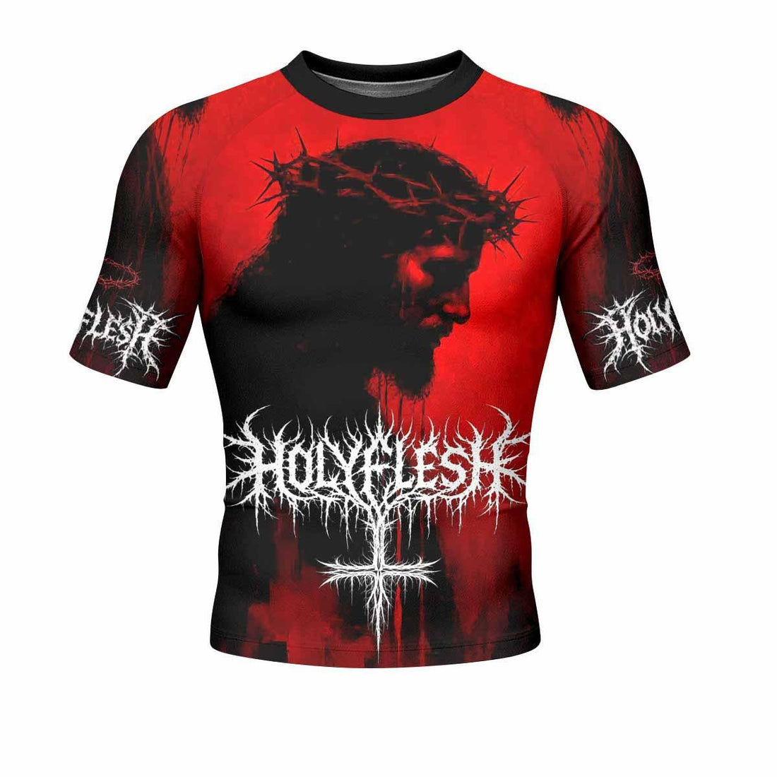 Holy Flesh Crown of Thorns Men's Rash Guard Short Sleeve - front and back view