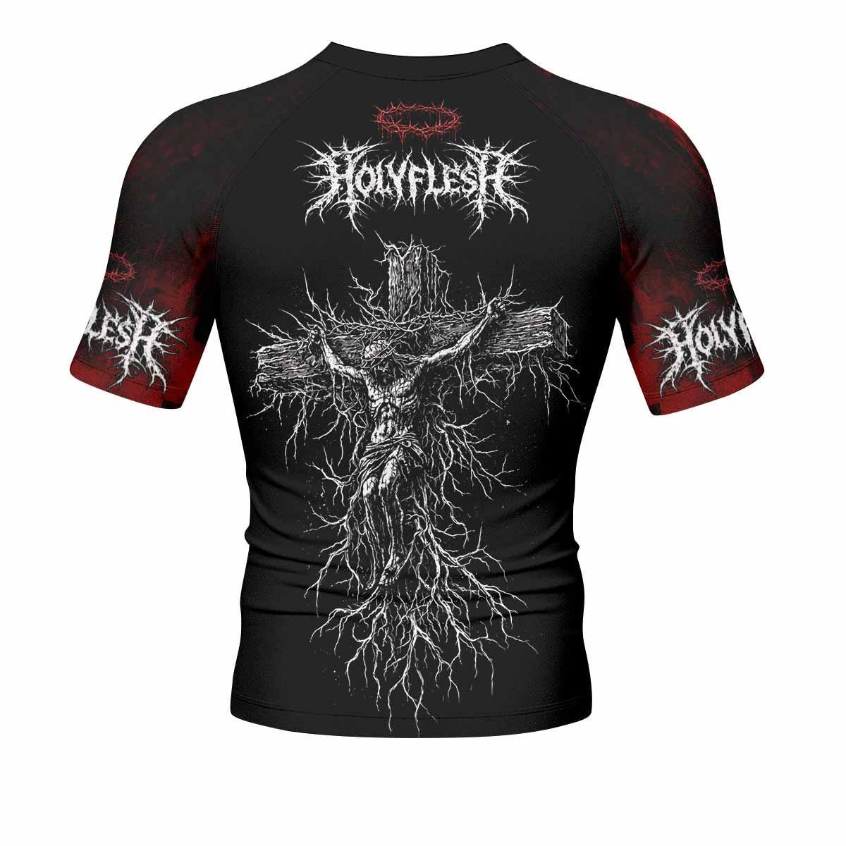 Holy Flesh Crown of Thorns Men's Rash Guard Short Sleeve - back view mockup