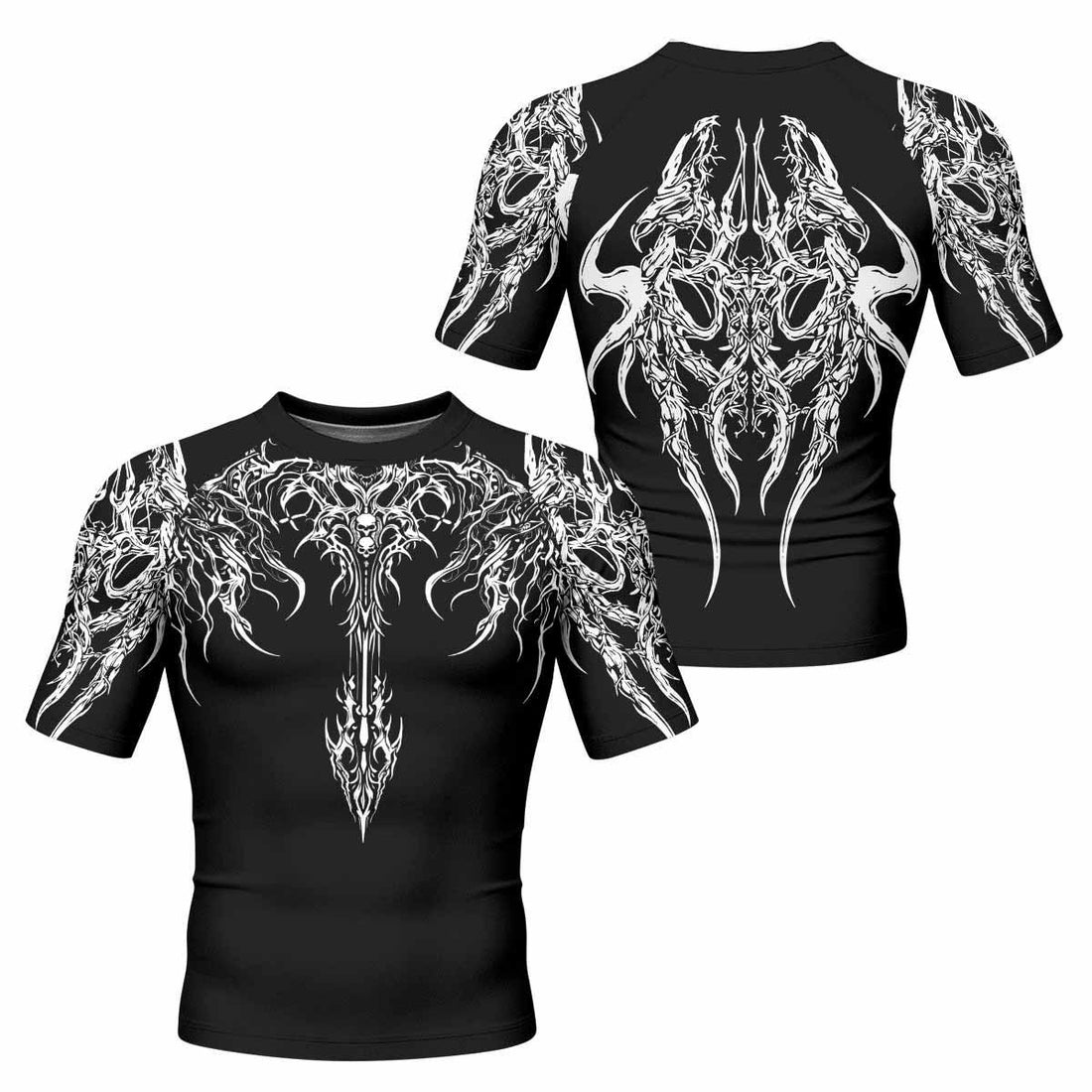 Gothic Bone Skull Men's Rash Guard Short Sleeve - front and back view