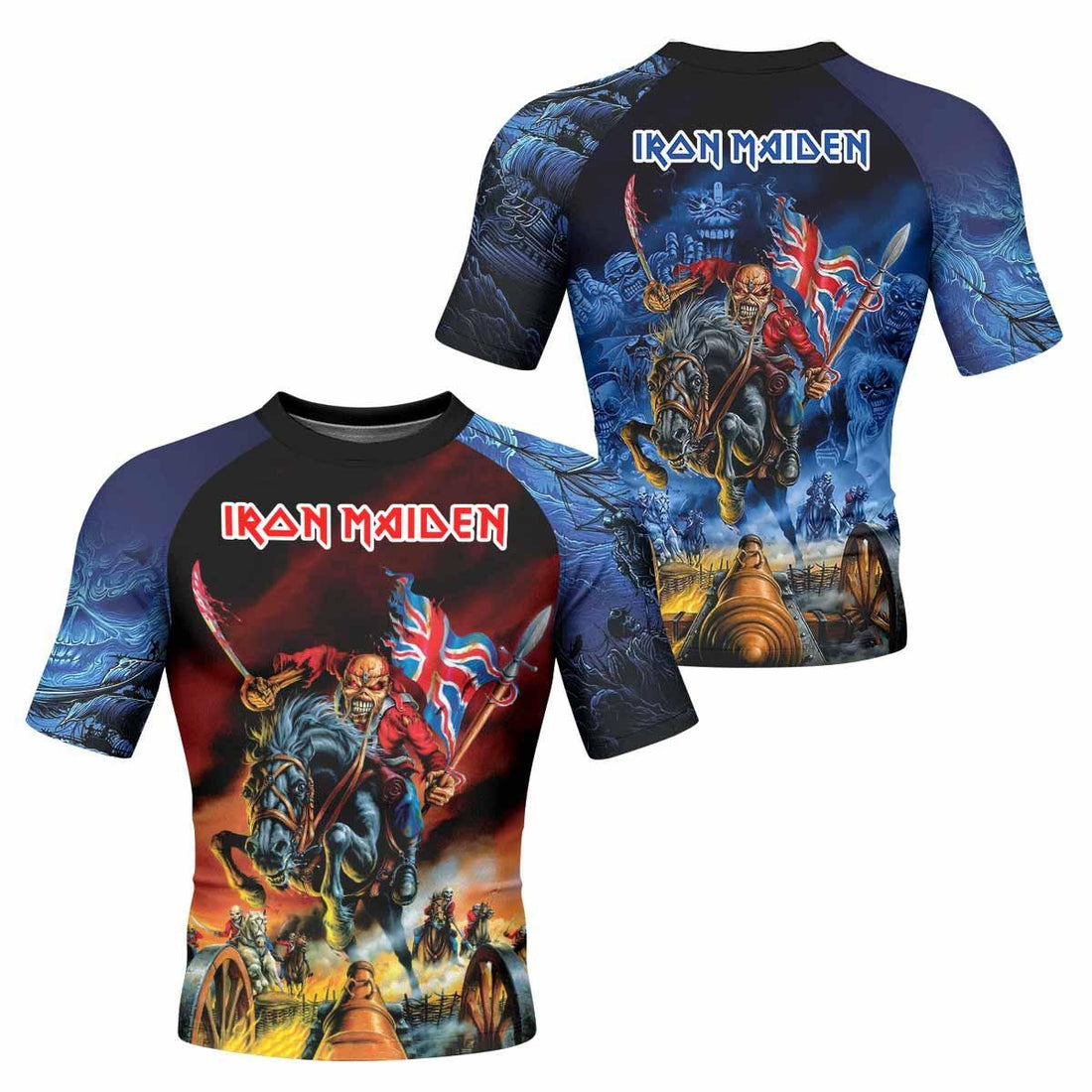 Iron Maiden England Flag Men's Rash Guard Short Sleeve - front and back view