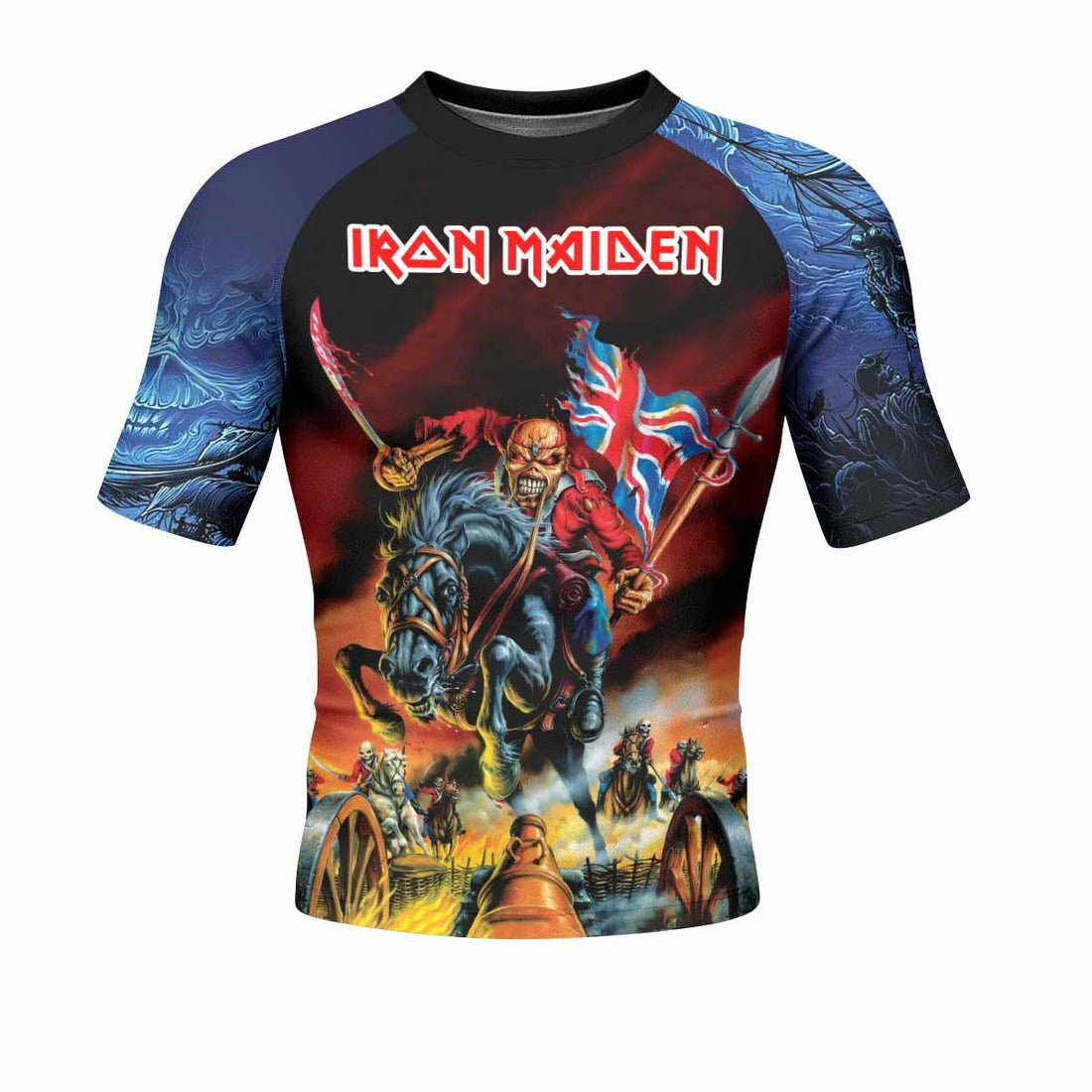 Iron Maiden England Flag Men's Rash Guard Short Sleeve - front and back view
