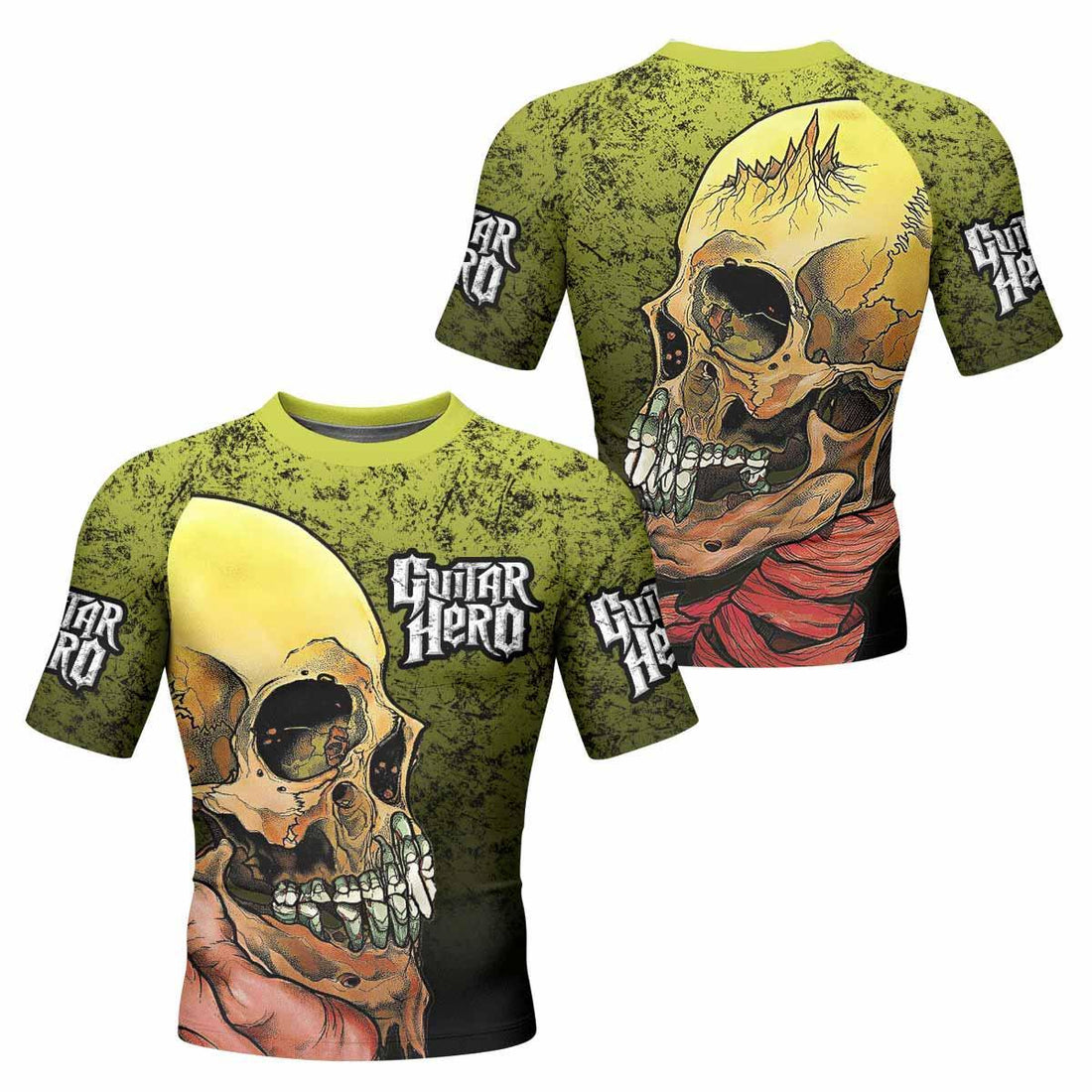 Guitar Hero Skull Men's Rash Guard Short Sleeve - front and back view