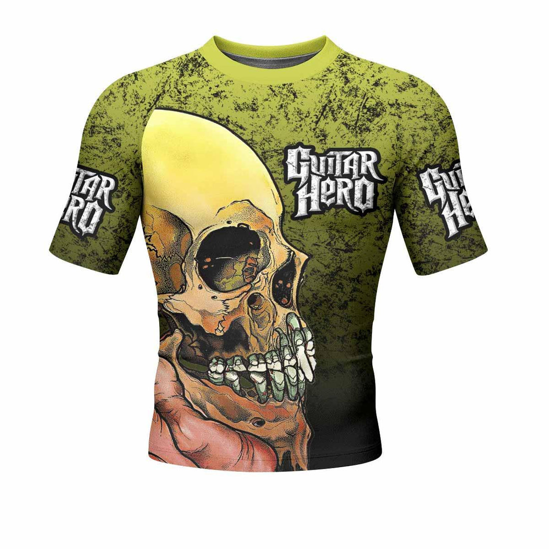 Guitar Hero Skull Men's Rash Guard Short Sleeve - front and back view