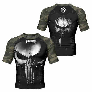 The Punisher Skull Camouflage Men's Rash Guard Short Sleeve - front and back view