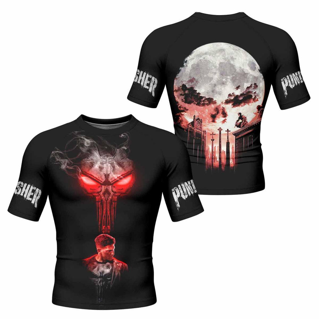 The Punisher Skull Frank Castle Men's Rash Guard Short Sleeve - front and back view