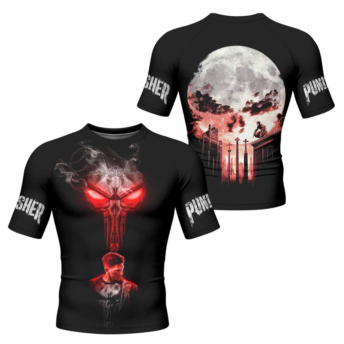 The Punisher Skull Frank Castle Men's Rash Guard Short Sleeve - front and back view