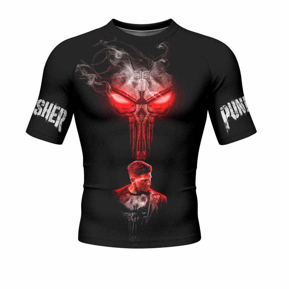 The Punisher Skull Frank Castle Men's Rash Guard Short Sleeve - front and back view