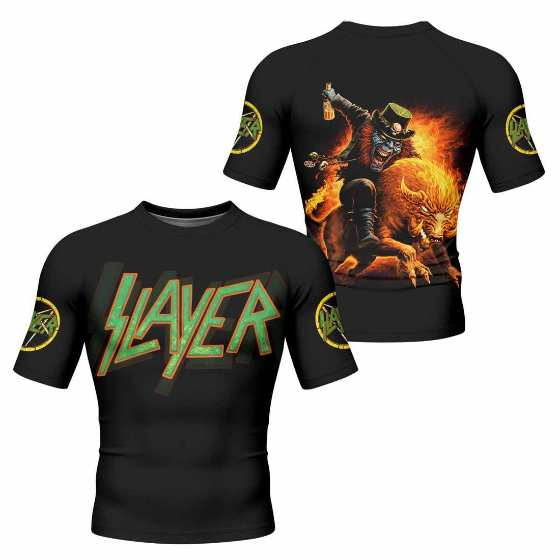 Slayer Hellfire Demon Men's Rash Guard Short Sleeve - front and back view