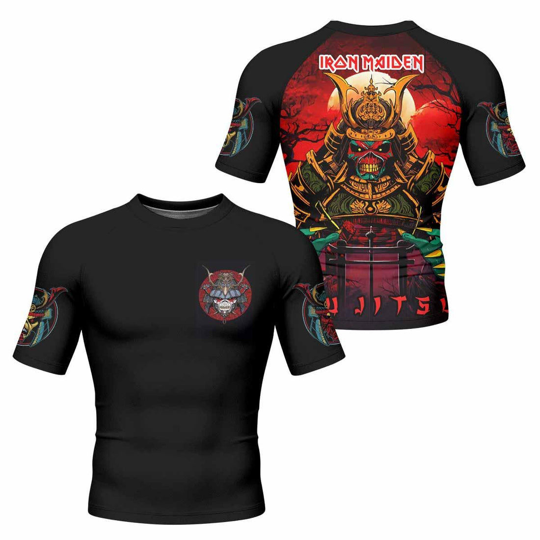 Iron Maiden Samurai Jiu-Jitsu Men's Rash Guard Short Sleeve - front and back view