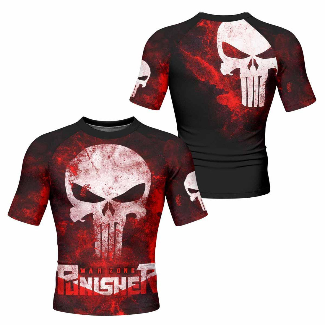 Punisher War Zone Men's Rash Guard Short Sleeve - front and back view