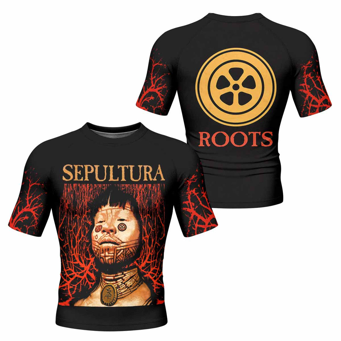 Sepultura Roots Men's Rash Guard Short Sleeve - front and back view