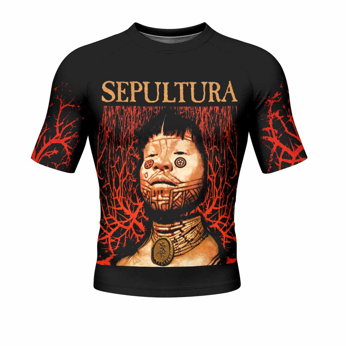 Sepultura Roots Men's Rash Guard Short Sleeve - front and back view