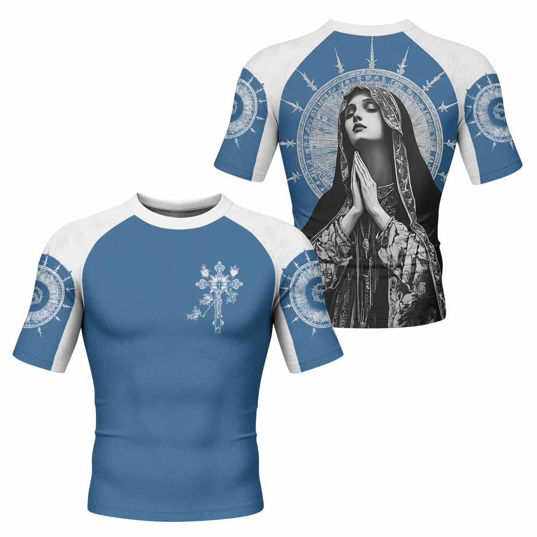 Our Lady of Sorrows Men's Rash Guard Short Sleeve - front and back view