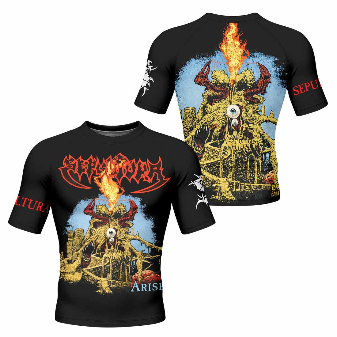 Sepultura Arise Men's Rash Guard Short Sleeve - front and back view