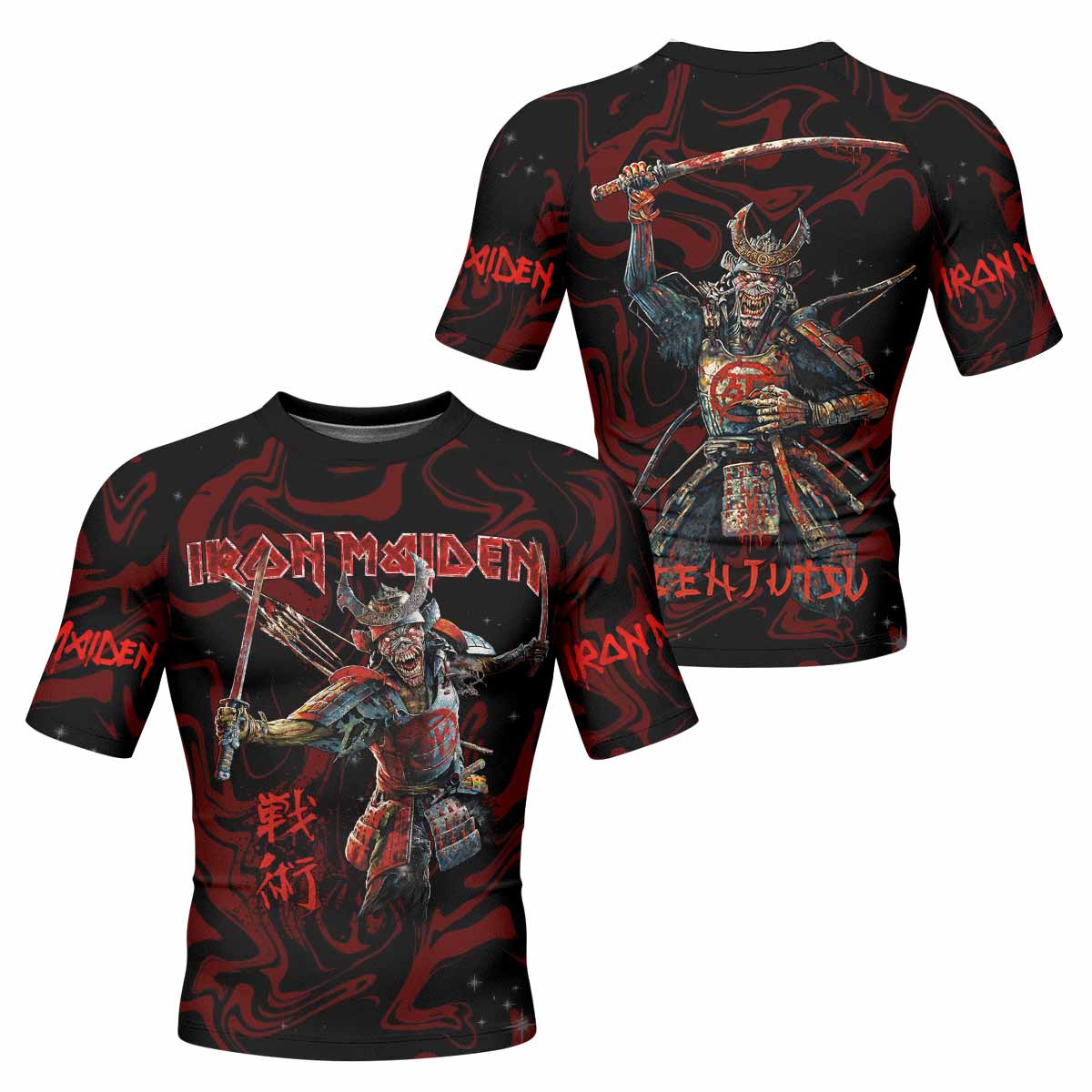 Iron Maiden Senjutsu Samurai Eddie Men's Rash Guard Short Sleeve - front and back view