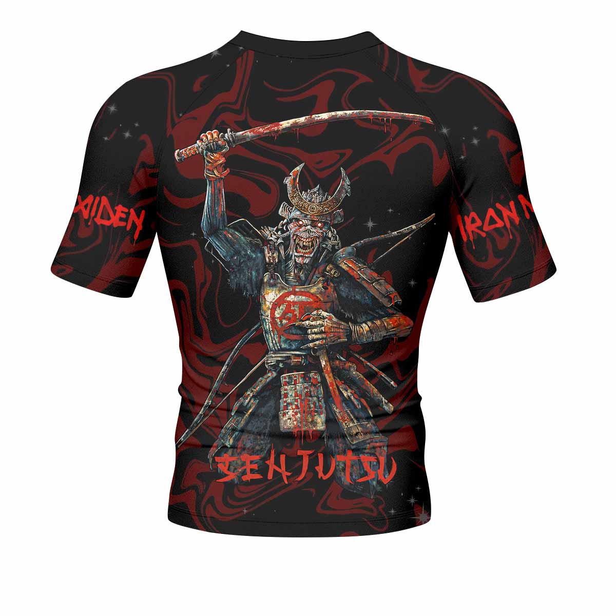 Iron Maiden Senjutsu Samurai Eddie Men's Rash Guard Short Sleeve - back view mockup