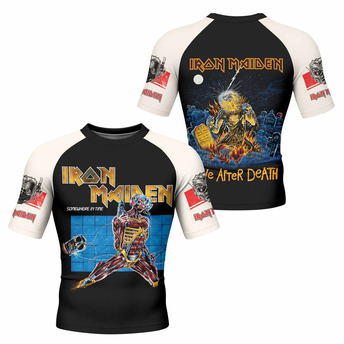 Iron Maiden Live After Death Men's Rash Guard Short Sleeve - front and back view