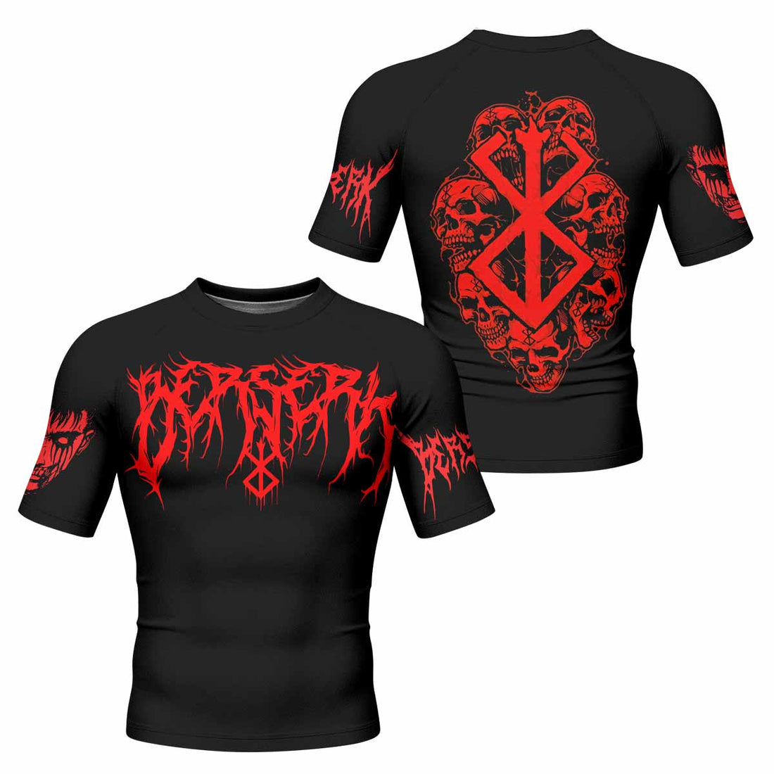 Berserk Metal Skull Knight Men's Rash Guard Short Sleeve - front and back view