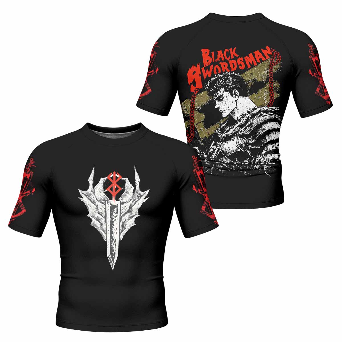 Berserk Black Swordsman Guts Men's Rash Guard Short Sleeve - front and back view