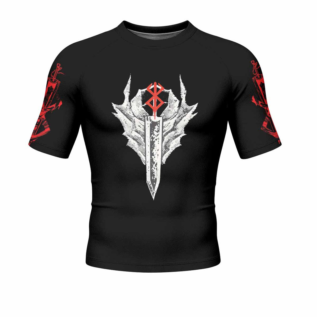 Berserk Black Swordsman Guts Men's Rash Guard Short Sleeve - front and back view