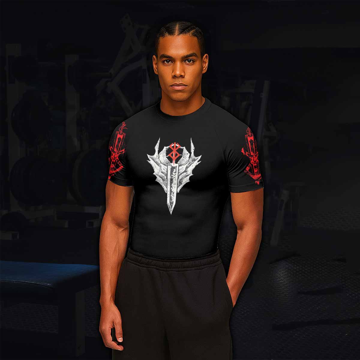 Berserk Black Swordsman Guts Men's Rash Guard Short Sleeve - lifestyle view
