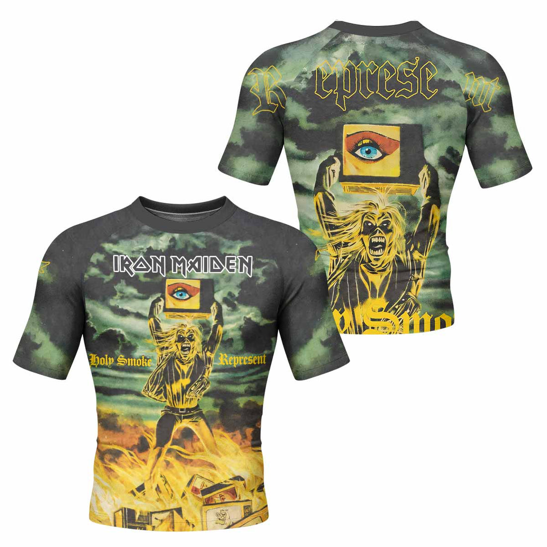 Iron Maiden Holy Smoke Men's Rash Guard Short Sleeve - front and back view
