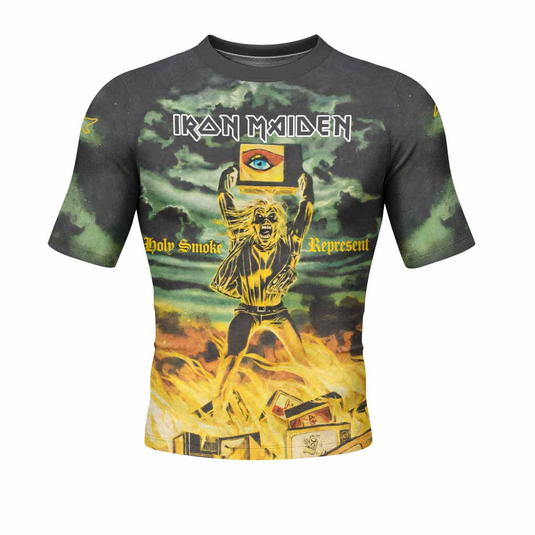 Iron Maiden Holy Smoke Men's Rash Guard Short Sleeve - front and back view